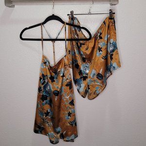 3 for 20 💖 Mustard Yellow Gold Blue Floral Silk Satin Pajama Set